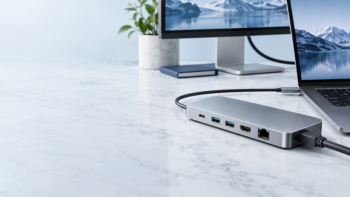 Brushed silver multiport hub in a precise cool-white workstation