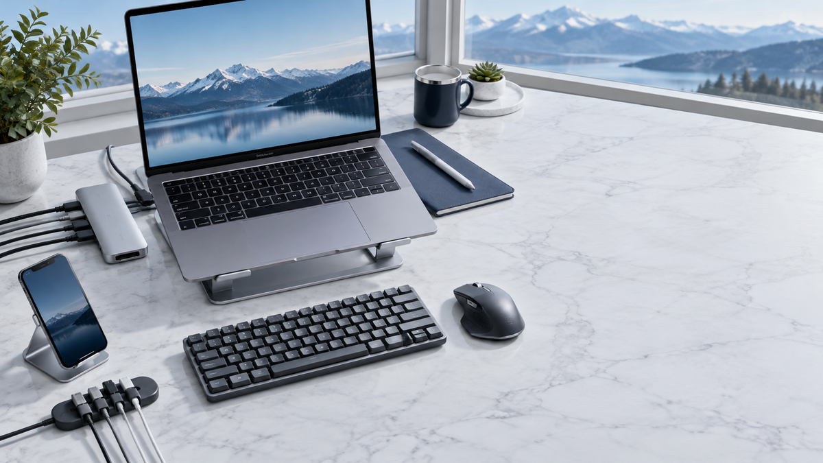Organized computer-accessory ecosystem on a bright marble workspace