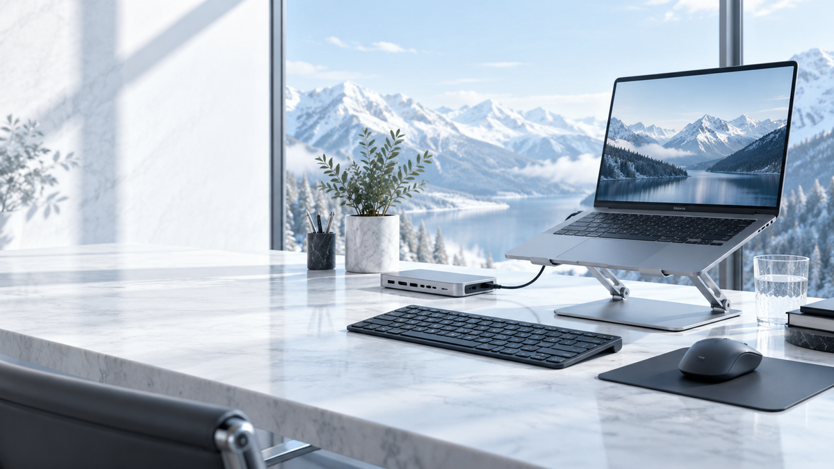 Cool modern workspace with silver computer accessories and clear left-side copy space