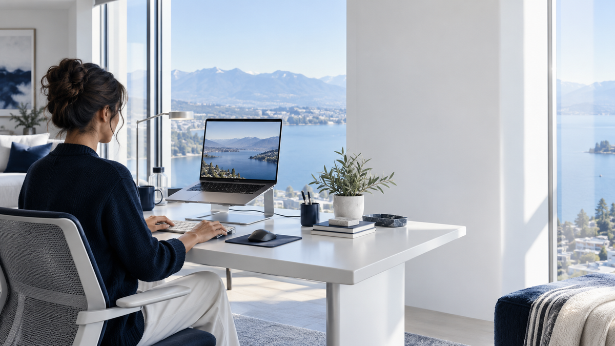 Focused professional at a calm mountain-view workstation